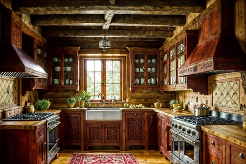 photo from pinterest of medieval-style interior designed (kitchen interior) with sink and stove and worktops and plant and kitchen cabinets and refrigerator and sink. . with deep colors like red, gold, or blue and timber beams and upholstery on chairs and sofas and carved wooden chairs and carved wooden benches and velvet, chenille, damask, and brocade draperies and fabrics and intricate wooden inlay designs and carvings and gothic appearance. . cinematic photo, highly detailed, cinematic lighting, ultra-detailed, ultrarealistic, photorealism, 8k. trending on pinterest. medieval interior design style. masterpiece, cinematic light, ultrarealistic+, photorealistic+, 8k, raw photo, realistic, sharp focus on eyes, (symmetrical eyes), (intact eyes), hyperrealistic, highest quality, best quality, , highly detailed, masterpiece, best quality, extremely detailed 8k wallpaper, masterpiece, best quality, ultra-detailed, best shadow, detailed background, detailed face, detailed eyes, high contrast, best illumination, detailed face, dulux, caustic, dynamic angle, detailed glow. dramatic lighting. highly detailed, insanely detailed hair, symmetrical, intricate details, professionally retouched, 8k high definition. strong bokeh. award winning photo.