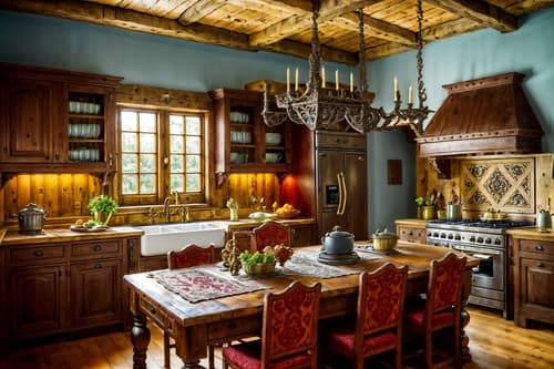 photo from pinterest of medieval-style interior designed (kitchen interior) with sink and stove and worktops and plant and kitchen cabinets and refrigerator and sink. . with deep colors like red, gold, or blue and timber beams and upholstery on chairs and sofas and carved wooden chairs and carved wooden benches and velvet, chenille, damask, and brocade draperies and fabrics and intricate wooden inlay designs and carvings and gothic appearance. . cinematic photo, highly detailed, cinematic lighting, ultra-detailed, ultrarealistic, photorealism, 8k. trending on pinterest. medieval interior design style. masterpiece, cinematic light, ultrarealistic+, photorealistic+, 8k, raw photo, realistic, sharp focus on eyes, (symmetrical eyes), (intact eyes), hyperrealistic, highest quality, best quality, , highly detailed, masterpiece, best quality, extremely detailed 8k wallpaper, masterpiece, best quality, ultra-detailed, best shadow, detailed background, detailed face, detailed eyes, high contrast, best illumination, detailed face, dulux, caustic, dynamic angle, detailed glow. dramatic lighting. highly detailed, insanely detailed hair, symmetrical, intricate details, professionally retouched, 8k high definition. strong bokeh. award winning photo.