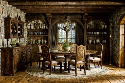 photo from pinterest of medieval-style interior designed (dining room interior) with plates, cutlery and glasses on dining table and bookshelves and plant and vase and dining table chairs and dining table and painting or photo on wall and light or chandelier. . with stone or wooden floor and castle interior and timber walls and carved wooden chairs and upholstery on chairs and sofas and castle interior and medieval shields on the wall and stone walls. . cinematic photo, highly detailed, cinematic lighting, ultra-detailed, ultrarealistic, photorealism, 8k. trending on pinterest. medieval interior design style. masterpiece, cinematic light, ultrarealistic+, photorealistic+, 8k, raw photo, realistic, sharp focus on eyes, (symmetrical eyes), (intact eyes), hyperrealistic, highest quality, best quality, , highly detailed, masterpiece, best quality, extremely detailed 8k wallpaper, masterpiece, best quality, ultra-detailed, best shadow, detailed background, detailed face, detailed eyes, high contrast, best illumination, detailed face, dulux, caustic, dynamic angle, detailed glow. dramatic lighting. highly detailed, insanely detailed hair, symmetrical, intricate details, professionally retouched, 8k high definition. strong bokeh. award winning photo.