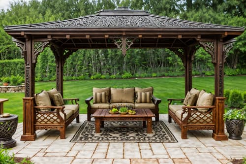 photo from pinterest of medieval-style designed (outdoor patio ) with barbeque or grill and plant and patio couch with pillows and deck with deck chairs and grass and barbeque or grill. . with intricate wooden inlay designs and carvings and heavy furniture pieces and carved wooden benches and carved wooden tables and carved wooden chairs and gothic appearance and castle and velvet, chenille, damask, and brocade draperies and fabrics. . cinematic photo, highly detailed, cinematic lighting, ultra-detailed, ultrarealistic, photorealism, 8k. trending on pinterest. medieval design style. masterpiece, cinematic light, ultrarealistic+, photorealistic+, 8k, raw photo, realistic, sharp focus on eyes, (symmetrical eyes), (intact eyes), hyperrealistic, highest quality, best quality, , highly detailed, masterpiece, best quality, extremely detailed 8k wallpaper, masterpiece, best quality, ultra-detailed, best shadow, detailed background, detailed face, detailed eyes, high contrast, best illumination, detailed face, dulux, caustic, dynamic angle, detailed glow. dramatic lighting. highly detailed, insanely detailed hair, symmetrical, intricate details, professionally retouched, 8k high definition. strong bokeh. award winning photo.