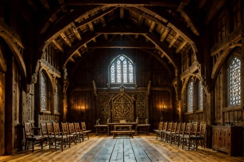 photo from pinterest of medieval-style interior designed (exhibition space interior) . with carved wooden chairs and medieval shields on the wall and heavy furniture pieces and timber beams and castle interior and stone or wooden floor and gothic appearance and carved wooden benches. . cinematic photo, highly detailed, cinematic lighting, ultra-detailed, ultrarealistic, photorealism, 8k. trending on pinterest. medieval interior design style. masterpiece, cinematic light, ultrarealistic+, photorealistic+, 8k, raw photo, realistic, sharp focus on eyes, (symmetrical eyes), (intact eyes), hyperrealistic, highest quality, best quality, , highly detailed, masterpiece, best quality, extremely detailed 8k wallpaper, masterpiece, best quality, ultra-detailed, best shadow, detailed background, detailed face, detailed eyes, high contrast, best illumination, detailed face, dulux, caustic, dynamic angle, detailed glow. dramatic lighting. highly detailed, insanely detailed hair, symmetrical, intricate details, professionally retouched, 8k high definition. strong bokeh. award winning photo.