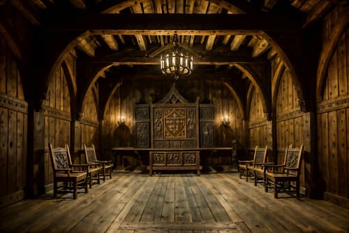 photo from pinterest of medieval-style interior designed (exhibition space interior) . with carved wooden chairs and medieval shields on the wall and heavy furniture pieces and timber beams and castle interior and stone or wooden floor and gothic appearance and carved wooden benches. . cinematic photo, highly detailed, cinematic lighting, ultra-detailed, ultrarealistic, photorealism, 8k. trending on pinterest. medieval interior design style. masterpiece, cinematic light, ultrarealistic+, photorealistic+, 8k, raw photo, realistic, sharp focus on eyes, (symmetrical eyes), (intact eyes), hyperrealistic, highest quality, best quality, , highly detailed, masterpiece, best quality, extremely detailed 8k wallpaper, masterpiece, best quality, ultra-detailed, best shadow, detailed background, detailed face, detailed eyes, high contrast, best illumination, detailed face, dulux, caustic, dynamic angle, detailed glow. dramatic lighting. highly detailed, insanely detailed hair, symmetrical, intricate details, professionally retouched, 8k high definition. strong bokeh. award winning photo.