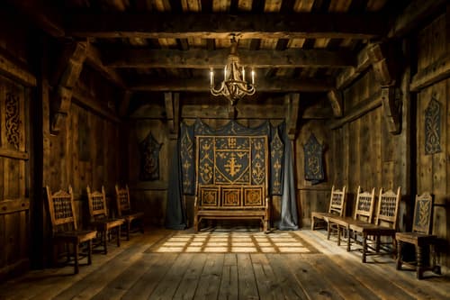 photo from pinterest of medieval-style interior designed (exhibition space interior) . with carved wooden chairs and medieval shields on the wall and heavy furniture pieces and timber beams and castle interior and stone or wooden floor and gothic appearance and carved wooden benches. . cinematic photo, highly detailed, cinematic lighting, ultra-detailed, ultrarealistic, photorealism, 8k. trending on pinterest. medieval interior design style. masterpiece, cinematic light, ultrarealistic+, photorealistic+, 8k, raw photo, realistic, sharp focus on eyes, (symmetrical eyes), (intact eyes), hyperrealistic, highest quality, best quality, , highly detailed, masterpiece, best quality, extremely detailed 8k wallpaper, masterpiece, best quality, ultra-detailed, best shadow, detailed background, detailed face, detailed eyes, high contrast, best illumination, detailed face, dulux, caustic, dynamic angle, detailed glow. dramatic lighting. highly detailed, insanely detailed hair, symmetrical, intricate details, professionally retouched, 8k high definition. strong bokeh. award winning photo.