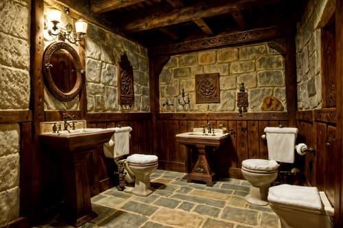 photo from pinterest of medieval-style interior designed (toilet interior) with toilet with toilet seat up and toilet paper hanger and sink with tap and toilet with toilet seat up. . with heavy furniture pieces and stone walls and castle interior and carved wooden tables and timber beams and medieval shields on the wall and intricate wooden inlay designs and carvings and upholstery on chairs and sofas. . cinematic photo, highly detailed, cinematic lighting, ultra-detailed, ultrarealistic, photorealism, 8k. trending on pinterest. medieval interior design style. masterpiece, cinematic light, ultrarealistic+, photorealistic+, 8k, raw photo, realistic, sharp focus on eyes, (symmetrical eyes), (intact eyes), hyperrealistic, highest quality, best quality, , highly detailed, masterpiece, best quality, extremely detailed 8k wallpaper, masterpiece, best quality, ultra-detailed, best shadow, detailed background, detailed face, detailed eyes, high contrast, best illumination, detailed face, dulux, caustic, dynamic angle, detailed glow. dramatic lighting. highly detailed, insanely detailed hair, symmetrical, intricate details, professionally retouched, 8k high definition. strong bokeh. award winning photo.