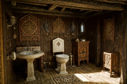 photo from pinterest of medieval-style interior designed (toilet interior) with toilet with toilet seat up and toilet paper hanger and sink with tap and toilet with toilet seat up. . with heavy furniture pieces and stone walls and castle interior and carved wooden tables and timber beams and medieval shields on the wall and intricate wooden inlay designs and carvings and upholstery on chairs and sofas. . cinematic photo, highly detailed, cinematic lighting, ultra-detailed, ultrarealistic, photorealism, 8k. trending on pinterest. medieval interior design style. masterpiece, cinematic light, ultrarealistic+, photorealistic+, 8k, raw photo, realistic, sharp focus on eyes, (symmetrical eyes), (intact eyes), hyperrealistic, highest quality, best quality, , highly detailed, masterpiece, best quality, extremely detailed 8k wallpaper, masterpiece, best quality, ultra-detailed, best shadow, detailed background, detailed face, detailed eyes, high contrast, best illumination, detailed face, dulux, caustic, dynamic angle, detailed glow. dramatic lighting. highly detailed, insanely detailed hair, symmetrical, intricate details, professionally retouched, 8k high definition. strong bokeh. award winning photo.
