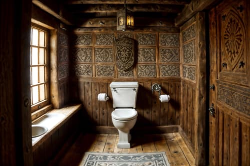 photo from pinterest of medieval-style interior designed (toilet interior) with toilet with toilet seat up and toilet paper hanger and sink with tap and toilet with toilet seat up. . with heavy furniture pieces and stone walls and castle interior and carved wooden tables and timber beams and medieval shields on the wall and intricate wooden inlay designs and carvings and upholstery on chairs and sofas. . cinematic photo, highly detailed, cinematic lighting, ultra-detailed, ultrarealistic, photorealism, 8k. trending on pinterest. medieval interior design style. masterpiece, cinematic light, ultrarealistic+, photorealistic+, 8k, raw photo, realistic, sharp focus on eyes, (symmetrical eyes), (intact eyes), hyperrealistic, highest quality, best quality, , highly detailed, masterpiece, best quality, extremely detailed 8k wallpaper, masterpiece, best quality, ultra-detailed, best shadow, detailed background, detailed face, detailed eyes, high contrast, best illumination, detailed face, dulux, caustic, dynamic angle, detailed glow. dramatic lighting. highly detailed, insanely detailed hair, symmetrical, intricate details, professionally retouched, 8k high definition. strong bokeh. award winning photo.