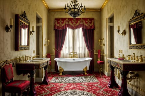 photo from pinterest of medieval-style interior designed (hotel bathroom interior) with bath towel and bathroom cabinet and toilet seat and bathroom sink with faucet and plant and bath rail and mirror and waste basket. . with deep colors like red, gold, or blue and stone walls and velvet, chenille, damask, and brocade draperies and fabrics and gothic appearance and upholstery on chairs and sofas and timber walls and stone or wooden floor and heavy furniture pieces. . cinematic photo, highly detailed, cinematic lighting, ultra-detailed, ultrarealistic, photorealism, 8k. trending on pinterest. medieval interior design style. masterpiece, cinematic light, ultrarealistic+, photorealistic+, 8k, raw photo, realistic, sharp focus on eyes, (symmetrical eyes), (intact eyes), hyperrealistic, highest quality, best quality, , highly detailed, masterpiece, best quality, extremely detailed 8k wallpaper, masterpiece, best quality, ultra-detailed, best shadow, detailed background, detailed face, detailed eyes, high contrast, best illumination, detailed face, dulux, caustic, dynamic angle, detailed glow. dramatic lighting. highly detailed, insanely detailed hair, symmetrical, intricate details, professionally retouched, 8k high definition. strong bokeh. award winning photo.