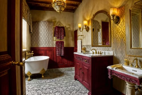 photo from pinterest of medieval-style interior designed (hotel bathroom interior) with bath towel and bathroom cabinet and toilet seat and bathroom sink with faucet and plant and bath rail and mirror and waste basket. . with deep colors like red, gold, or blue and stone walls and velvet, chenille, damask, and brocade draperies and fabrics and gothic appearance and upholstery on chairs and sofas and timber walls and stone or wooden floor and heavy furniture pieces. . cinematic photo, highly detailed, cinematic lighting, ultra-detailed, ultrarealistic, photorealism, 8k. trending on pinterest. medieval interior design style. masterpiece, cinematic light, ultrarealistic+, photorealistic+, 8k, raw photo, realistic, sharp focus on eyes, (symmetrical eyes), (intact eyes), hyperrealistic, highest quality, best quality, , highly detailed, masterpiece, best quality, extremely detailed 8k wallpaper, masterpiece, best quality, ultra-detailed, best shadow, detailed background, detailed face, detailed eyes, high contrast, best illumination, detailed face, dulux, caustic, dynamic angle, detailed glow. dramatic lighting. highly detailed, insanely detailed hair, symmetrical, intricate details, professionally retouched, 8k high definition. strong bokeh. award winning photo.