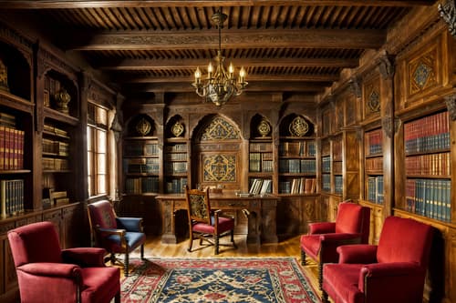 photo from pinterest of medieval-style interior designed (study room interior) with cabinets and desk lamp and office chair and bookshelves and lounge chair and plant and writing desk and cabinets. . with deep colors like red, gold, or blue and castle interior and medieval shields on the wall and carved wooden benches and heavy furniture pieces and timber walls and intricate wooden inlay designs and carvings and upholstery on chairs and sofas. . cinematic photo, highly detailed, cinematic lighting, ultra-detailed, ultrarealistic, photorealism, 8k. trending on pinterest. medieval interior design style. masterpiece, cinematic light, ultrarealistic+, photorealistic+, 8k, raw photo, realistic, sharp focus on eyes, (symmetrical eyes), (intact eyes), hyperrealistic, highest quality, best quality, , highly detailed, masterpiece, best quality, extremely detailed 8k wallpaper, masterpiece, best quality, ultra-detailed, best shadow, detailed background, detailed face, detailed eyes, high contrast, best illumination, detailed face, dulux, caustic, dynamic angle, detailed glow. dramatic lighting. highly detailed, insanely detailed hair, symmetrical, intricate details, professionally retouched, 8k high definition. strong bokeh. award winning photo.