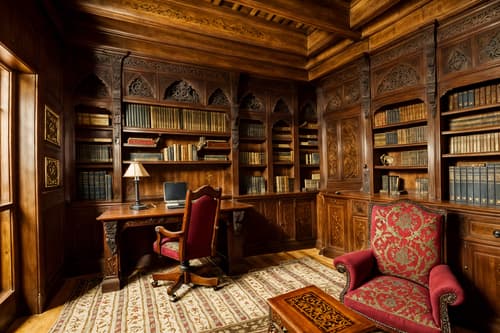 photo from pinterest of medieval-style interior designed (study room interior) with cabinets and desk lamp and office chair and bookshelves and lounge chair and plant and writing desk and cabinets. . with deep colors like red, gold, or blue and castle interior and medieval shields on the wall and carved wooden benches and heavy furniture pieces and timber walls and intricate wooden inlay designs and carvings and upholstery on chairs and sofas. . cinematic photo, highly detailed, cinematic lighting, ultra-detailed, ultrarealistic, photorealism, 8k. trending on pinterest. medieval interior design style. masterpiece, cinematic light, ultrarealistic+, photorealistic+, 8k, raw photo, realistic, sharp focus on eyes, (symmetrical eyes), (intact eyes), hyperrealistic, highest quality, best quality, , highly detailed, masterpiece, best quality, extremely detailed 8k wallpaper, masterpiece, best quality, ultra-detailed, best shadow, detailed background, detailed face, detailed eyes, high contrast, best illumination, detailed face, dulux, caustic, dynamic angle, detailed glow. dramatic lighting. highly detailed, insanely detailed hair, symmetrical, intricate details, professionally retouched, 8k high definition. strong bokeh. award winning photo.