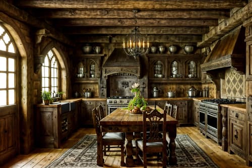 photo from pinterest of medieval-style interior designed (kitchen living combo interior) with furniture and plant and kitchen cabinets and worktops and rug and chairs and stove and refrigerator. . with timber walls and gothic appearance and carved wooden tables and castle interior and medieval shields on the wall and upholstery on chairs and sofas and timber beams and castle interior. . cinematic photo, highly detailed, cinematic lighting, ultra-detailed, ultrarealistic, photorealism, 8k. trending on pinterest. medieval interior design style. masterpiece, cinematic light, ultrarealistic+, photorealistic+, 8k, raw photo, realistic, sharp focus on eyes, (symmetrical eyes), (intact eyes), hyperrealistic, highest quality, best quality, , highly detailed, masterpiece, best quality, extremely detailed 8k wallpaper, masterpiece, best quality, ultra-detailed, best shadow, detailed background, detailed face, detailed eyes, high contrast, best illumination, detailed face, dulux, caustic, dynamic angle, detailed glow. dramatic lighting. highly detailed, insanely detailed hair, symmetrical, intricate details, professionally retouched, 8k high definition. strong bokeh. award winning photo.