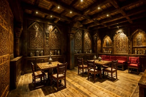 photo from pinterest of medieval-style interior designed (coffee shop interior) . with stone or wooden floor and intricate wooden inlay designs and carvings and medieval shields on the wall and deep colors like red, gold, or blue and castle interior and heavy furniture pieces and stone walls and carved wooden tables. . cinematic photo, highly detailed, cinematic lighting, ultra-detailed, ultrarealistic, photorealism, 8k. trending on pinterest. medieval interior design style. masterpiece, cinematic light, ultrarealistic+, photorealistic+, 8k, raw photo, realistic, sharp focus on eyes, (symmetrical eyes), (intact eyes), hyperrealistic, highest quality, best quality, , highly detailed, masterpiece, best quality, extremely detailed 8k wallpaper, masterpiece, best quality, ultra-detailed, best shadow, detailed background, detailed face, detailed eyes, high contrast, best illumination, detailed face, dulux, caustic, dynamic angle, detailed glow. dramatic lighting. highly detailed, insanely detailed hair, symmetrical, intricate details, professionally retouched, 8k high definition. strong bokeh. award winning photo.