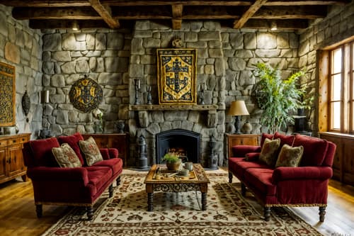 photo from pinterest of medieval-style interior designed (living room interior) with chairs and coffee tables and plant and televisions and rug and sofa and occasional tables and furniture. . with stone walls and upholstery on chairs and sofas and carved wooden chairs and castle interior and medieval shields on the wall and castle interior and velvet, chenille, damask, and brocade draperies and fabrics and deep colors like red, gold, or blue. . cinematic photo, highly detailed, cinematic lighting, ultra-detailed, ultrarealistic, photorealism, 8k. trending on pinterest. medieval interior design style. masterpiece, cinematic light, ultrarealistic+, photorealistic+, 8k, raw photo, realistic, sharp focus on eyes, (symmetrical eyes), (intact eyes), hyperrealistic, highest quality, best quality, , highly detailed, masterpiece, best quality, extremely detailed 8k wallpaper, masterpiece, best quality, ultra-detailed, best shadow, detailed background, detailed face, detailed eyes, high contrast, best illumination, detailed face, dulux, caustic, dynamic angle, detailed glow. dramatic lighting. highly detailed, insanely detailed hair, symmetrical, intricate details, professionally retouched, 8k high definition. strong bokeh. award winning photo.