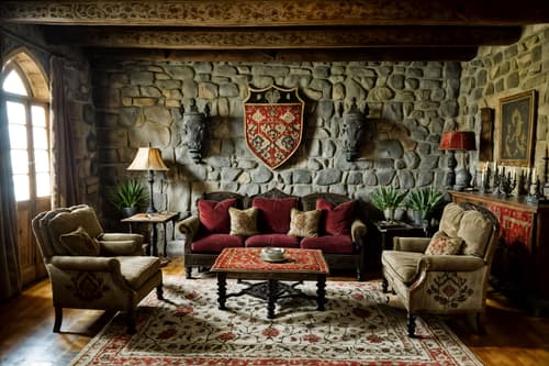 photo from pinterest of medieval-style interior designed (living room interior) with chairs and coffee tables and plant and televisions and rug and sofa and occasional tables and furniture. . with stone walls and upholstery on chairs and sofas and carved wooden chairs and castle interior and medieval shields on the wall and castle interior and velvet, chenille, damask, and brocade draperies and fabrics and deep colors like red, gold, or blue. . cinematic photo, highly detailed, cinematic lighting, ultra-detailed, ultrarealistic, photorealism, 8k. trending on pinterest. medieval interior design style. masterpiece, cinematic light, ultrarealistic+, photorealistic+, 8k, raw photo, realistic, sharp focus on eyes, (symmetrical eyes), (intact eyes), hyperrealistic, highest quality, best quality, , highly detailed, masterpiece, best quality, extremely detailed 8k wallpaper, masterpiece, best quality, ultra-detailed, best shadow, detailed background, detailed face, detailed eyes, high contrast, best illumination, detailed face, dulux, caustic, dynamic angle, detailed glow. dramatic lighting. highly detailed, insanely detailed hair, symmetrical, intricate details, professionally retouched, 8k high definition. strong bokeh. award winning photo.