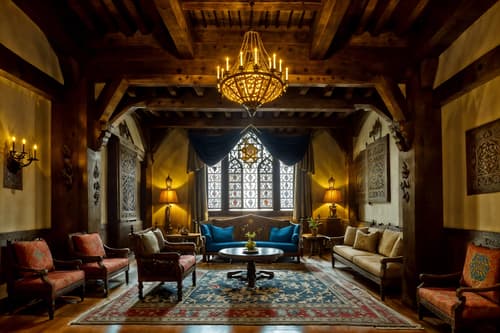 photo from pinterest of medieval-style interior designed (hotel lobby interior) with furniture and lounge chairs and coffee tables and sofas and hanging lamps and plant and check in desk and rug. . with castle interior and medieval shields on the wall and castle interior and intricate wooden inlay designs and carvings and deep colors like red, gold, or blue and gothic appearance and stone walls and timber beams. . cinematic photo, highly detailed, cinematic lighting, ultra-detailed, ultrarealistic, photorealism, 8k. trending on pinterest. medieval interior design style. masterpiece, cinematic light, ultrarealistic+, photorealistic+, 8k, raw photo, realistic, sharp focus on eyes, (symmetrical eyes), (intact eyes), hyperrealistic, highest quality, best quality, , highly detailed, masterpiece, best quality, extremely detailed 8k wallpaper, masterpiece, best quality, ultra-detailed, best shadow, detailed background, detailed face, detailed eyes, high contrast, best illumination, detailed face, dulux, caustic, dynamic angle, detailed glow. dramatic lighting. highly detailed, insanely detailed hair, symmetrical, intricate details, professionally retouched, 8k high definition. strong bokeh. award winning photo.