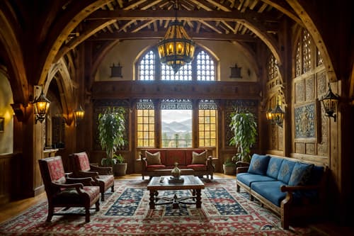 photo from pinterest of medieval-style interior designed (hotel lobby interior) with furniture and lounge chairs and coffee tables and sofas and hanging lamps and plant and check in desk and rug. . with castle interior and medieval shields on the wall and castle interior and intricate wooden inlay designs and carvings and deep colors like red, gold, or blue and gothic appearance and stone walls and timber beams. . cinematic photo, highly detailed, cinematic lighting, ultra-detailed, ultrarealistic, photorealism, 8k. trending on pinterest. medieval interior design style. masterpiece, cinematic light, ultrarealistic+, photorealistic+, 8k, raw photo, realistic, sharp focus on eyes, (symmetrical eyes), (intact eyes), hyperrealistic, highest quality, best quality, , highly detailed, masterpiece, best quality, extremely detailed 8k wallpaper, masterpiece, best quality, ultra-detailed, best shadow, detailed background, detailed face, detailed eyes, high contrast, best illumination, detailed face, dulux, caustic, dynamic angle, detailed glow. dramatic lighting. highly detailed, insanely detailed hair, symmetrical, intricate details, professionally retouched, 8k high definition. strong bokeh. award winning photo.