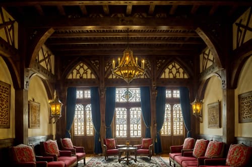photo from pinterest of medieval-style interior designed (hotel lobby interior) with furniture and lounge chairs and coffee tables and sofas and hanging lamps and plant and check in desk and rug. . with castle interior and medieval shields on the wall and castle interior and intricate wooden inlay designs and carvings and deep colors like red, gold, or blue and gothic appearance and stone walls and timber beams. . cinematic photo, highly detailed, cinematic lighting, ultra-detailed, ultrarealistic, photorealism, 8k. trending on pinterest. medieval interior design style. masterpiece, cinematic light, ultrarealistic+, photorealistic+, 8k, raw photo, realistic, sharp focus on eyes, (symmetrical eyes), (intact eyes), hyperrealistic, highest quality, best quality, , highly detailed, masterpiece, best quality, extremely detailed 8k wallpaper, masterpiece, best quality, ultra-detailed, best shadow, detailed background, detailed face, detailed eyes, high contrast, best illumination, detailed face, dulux, caustic, dynamic angle, detailed glow. dramatic lighting. highly detailed, insanely detailed hair, symmetrical, intricate details, professionally retouched, 8k high definition. strong bokeh. award winning photo.