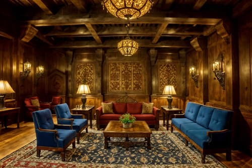 photo from pinterest of medieval-style interior designed (hotel lobby interior) with furniture and lounge chairs and coffee tables and sofas and hanging lamps and plant and check in desk and rug. . with castle interior and medieval shields on the wall and castle interior and intricate wooden inlay designs and carvings and deep colors like red, gold, or blue and gothic appearance and stone walls and timber beams. . cinematic photo, highly detailed, cinematic lighting, ultra-detailed, ultrarealistic, photorealism, 8k. trending on pinterest. medieval interior design style. masterpiece, cinematic light, ultrarealistic+, photorealistic+, 8k, raw photo, realistic, sharp focus on eyes, (symmetrical eyes), (intact eyes), hyperrealistic, highest quality, best quality, , highly detailed, masterpiece, best quality, extremely detailed 8k wallpaper, masterpiece, best quality, ultra-detailed, best shadow, detailed background, detailed face, detailed eyes, high contrast, best illumination, detailed face, dulux, caustic, dynamic angle, detailed glow. dramatic lighting. highly detailed, insanely detailed hair, symmetrical, intricate details, professionally retouched, 8k high definition. strong bokeh. award winning photo.