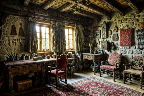 photo from pinterest of medieval-style interior designed (workshop interior) with messy and wooden workbench and tool wall and messy. . with castle interior and stone walls and timber walls and upholstery on chairs and sofas and velvet, chenille, damask, and brocade draperies and fabrics and medieval shields on the wall and heavy furniture pieces and deep colors like red, gold, or blue. . cinematic photo, highly detailed, cinematic lighting, ultra-detailed, ultrarealistic, photorealism, 8k. trending on pinterest. medieval interior design style. masterpiece, cinematic light, ultrarealistic+, photorealistic+, 8k, raw photo, realistic, sharp focus on eyes, (symmetrical eyes), (intact eyes), hyperrealistic, highest quality, best quality, , highly detailed, masterpiece, best quality, extremely detailed 8k wallpaper, masterpiece, best quality, ultra-detailed, best shadow, detailed background, detailed face, detailed eyes, high contrast, best illumination, detailed face, dulux, caustic, dynamic angle, detailed glow. dramatic lighting. highly detailed, insanely detailed hair, symmetrical, intricate details, professionally retouched, 8k high definition. strong bokeh. award winning photo.