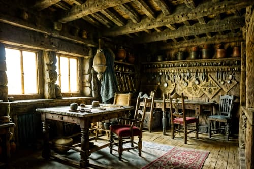 photo from pinterest of medieval-style interior designed (workshop interior) with messy and wooden workbench and tool wall and messy. . with castle interior and stone walls and timber walls and upholstery on chairs and sofas and velvet, chenille, damask, and brocade draperies and fabrics and medieval shields on the wall and heavy furniture pieces and deep colors like red, gold, or blue. . cinematic photo, highly detailed, cinematic lighting, ultra-detailed, ultrarealistic, photorealism, 8k. trending on pinterest. medieval interior design style. masterpiece, cinematic light, ultrarealistic+, photorealistic+, 8k, raw photo, realistic, sharp focus on eyes, (symmetrical eyes), (intact eyes), hyperrealistic, highest quality, best quality, , highly detailed, masterpiece, best quality, extremely detailed 8k wallpaper, masterpiece, best quality, ultra-detailed, best shadow, detailed background, detailed face, detailed eyes, high contrast, best illumination, detailed face, dulux, caustic, dynamic angle, detailed glow. dramatic lighting. highly detailed, insanely detailed hair, symmetrical, intricate details, professionally retouched, 8k high definition. strong bokeh. award winning photo.