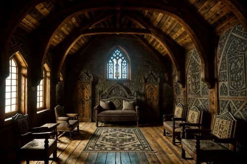 photo from pinterest of medieval-style interior designed (attic interior) . with gothic appearance and stone walls and carved wooden chairs and castle interior and medieval shields on the wall and castle interior and intricate wooden inlay designs and carvings and upholstery on chairs and sofas. . cinematic photo, highly detailed, cinematic lighting, ultra-detailed, ultrarealistic, photorealism, 8k. trending on pinterest. medieval interior design style. masterpiece, cinematic light, ultrarealistic+, photorealistic+, 8k, raw photo, realistic, sharp focus on eyes, (symmetrical eyes), (intact eyes), hyperrealistic, highest quality, best quality, , highly detailed, masterpiece, best quality, extremely detailed 8k wallpaper, masterpiece, best quality, ultra-detailed, best shadow, detailed background, detailed face, detailed eyes, high contrast, best illumination, detailed face, dulux, caustic, dynamic angle, detailed glow. dramatic lighting. highly detailed, insanely detailed hair, symmetrical, intricate details, professionally retouched, 8k high definition. strong bokeh. award winning photo.