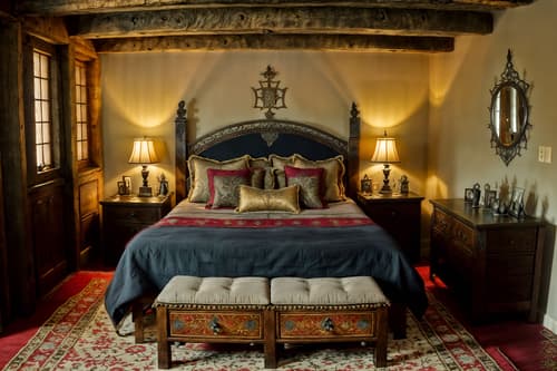 photo from pinterest of medieval-style interior designed (bedroom interior) with dresser closet and bedside table or night stand and mirror and storage bench or ottoman and accent chair and headboard and plant and night light. . with castle interior and gothic appearance and timber beams and deep colors like red, gold, or blue and upholstery on chairs and sofas and stone walls and intricate wooden inlay designs and carvings and stone or wooden floor. . cinematic photo, highly detailed, cinematic lighting, ultra-detailed, ultrarealistic, photorealism, 8k. trending on pinterest. medieval interior design style. masterpiece, cinematic light, ultrarealistic+, photorealistic+, 8k, raw photo, realistic, sharp focus on eyes, (symmetrical eyes), (intact eyes), hyperrealistic, highest quality, best quality, , highly detailed, masterpiece, best quality, extremely detailed 8k wallpaper, masterpiece, best quality, ultra-detailed, best shadow, detailed background, detailed face, detailed eyes, high contrast, best illumination, detailed face, dulux, caustic, dynamic angle, detailed glow. dramatic lighting. highly detailed, insanely detailed hair, symmetrical, intricate details, professionally retouched, 8k high definition. strong bokeh. award winning photo.