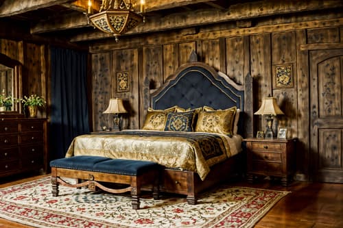 photo from pinterest of medieval-style interior designed (bedroom interior) with dresser closet and bedside table or night stand and mirror and storage bench or ottoman and accent chair and headboard and plant and night light. . with castle interior and gothic appearance and timber beams and deep colors like red, gold, or blue and upholstery on chairs and sofas and stone walls and intricate wooden inlay designs and carvings and stone or wooden floor. . cinematic photo, highly detailed, cinematic lighting, ultra-detailed, ultrarealistic, photorealism, 8k. trending on pinterest. medieval interior design style. masterpiece, cinematic light, ultrarealistic+, photorealistic+, 8k, raw photo, realistic, sharp focus on eyes, (symmetrical eyes), (intact eyes), hyperrealistic, highest quality, best quality, , highly detailed, masterpiece, best quality, extremely detailed 8k wallpaper, masterpiece, best quality, ultra-detailed, best shadow, detailed background, detailed face, detailed eyes, high contrast, best illumination, detailed face, dulux, caustic, dynamic angle, detailed glow. dramatic lighting. highly detailed, insanely detailed hair, symmetrical, intricate details, professionally retouched, 8k high definition. strong bokeh. award winning photo.