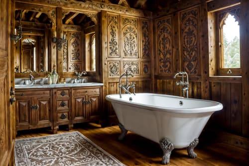 photo from pinterest of medieval-style interior designed (bathroom interior) with plant and waste basket and bath towel and bathroom cabinet and shower and bathroom sink with faucet and bath rail and mirror. . with heavy furniture pieces and timber beams and stone or wooden floor and castle interior and velvet, chenille, damask, and brocade draperies and fabrics and castle interior and carved wooden chairs and intricate wooden inlay designs and carvings. . cinematic photo, highly detailed, cinematic lighting, ultra-detailed, ultrarealistic, photorealism, 8k. trending on pinterest. medieval interior design style. masterpiece, cinematic light, ultrarealistic+, photorealistic+, 8k, raw photo, realistic, sharp focus on eyes, (symmetrical eyes), (intact eyes), hyperrealistic, highest quality, best quality, , highly detailed, masterpiece, best quality, extremely detailed 8k wallpaper, masterpiece, best quality, ultra-detailed, best shadow, detailed background, detailed face, detailed eyes, high contrast, best illumination, detailed face, dulux, caustic, dynamic angle, detailed glow. dramatic lighting. highly detailed, insanely detailed hair, symmetrical, intricate details, professionally retouched, 8k high definition. strong bokeh. award winning photo.