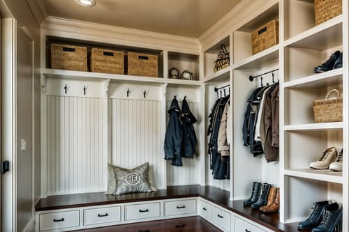 photo from pinterest of hollywood glam-style interior designed (mudroom interior) with high up storage and storage baskets and storage drawers and shelves for shoes and wall hooks for coats and a bench and cubbies and cabinets. . . cinematic photo, highly detailed, cinematic lighting, ultra-detailed, ultrarealistic, photorealism, 8k. trending on pinterest. hollywood glam interior design style. masterpiece, cinematic light, ultrarealistic+, photorealistic+, 8k, raw photo, realistic, sharp focus on eyes, (symmetrical eyes), (intact eyes), hyperrealistic, highest quality, best quality, , highly detailed, masterpiece, best quality, extremely detailed 8k wallpaper, masterpiece, best quality, ultra-detailed, best shadow, detailed background, detailed face, detailed eyes, high contrast, best illumination, detailed face, dulux, caustic, dynamic angle, detailed glow. dramatic lighting. highly detailed, insanely detailed hair, symmetrical, intricate details, professionally retouched, 8k high definition. strong bokeh. award winning photo.