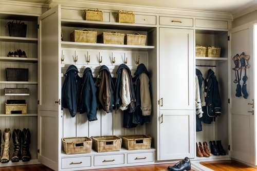 photo from pinterest of hollywood glam-style interior designed (mudroom interior) with high up storage and storage baskets and storage drawers and shelves for shoes and wall hooks for coats and a bench and cubbies and cabinets. . . cinematic photo, highly detailed, cinematic lighting, ultra-detailed, ultrarealistic, photorealism, 8k. trending on pinterest. hollywood glam interior design style. masterpiece, cinematic light, ultrarealistic+, photorealistic+, 8k, raw photo, realistic, sharp focus on eyes, (symmetrical eyes), (intact eyes), hyperrealistic, highest quality, best quality, , highly detailed, masterpiece, best quality, extremely detailed 8k wallpaper, masterpiece, best quality, ultra-detailed, best shadow, detailed background, detailed face, detailed eyes, high contrast, best illumination, detailed face, dulux, caustic, dynamic angle, detailed glow. dramatic lighting. highly detailed, insanely detailed hair, symmetrical, intricate details, professionally retouched, 8k high definition. strong bokeh. award winning photo.
