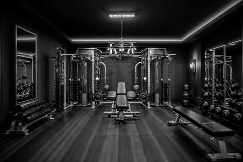 photo from pinterest of hollywood glam-style interior designed (fitness gym interior) with crosstrainer and bench press and dumbbell stand and squat rack and exercise bicycle and crosstrainer. . . cinematic photo, highly detailed, cinematic lighting, ultra-detailed, ultrarealistic, photorealism, 8k. trending on pinterest. hollywood glam interior design style. masterpiece, cinematic light, ultrarealistic+, photorealistic+, 8k, raw photo, realistic, sharp focus on eyes, (symmetrical eyes), (intact eyes), hyperrealistic, highest quality, best quality, , highly detailed, masterpiece, best quality, extremely detailed 8k wallpaper, masterpiece, best quality, ultra-detailed, best shadow, detailed background, detailed face, detailed eyes, high contrast, best illumination, detailed face, dulux, caustic, dynamic angle, detailed glow. dramatic lighting. highly detailed, insanely detailed hair, symmetrical, intricate details, professionally retouched, 8k high definition. strong bokeh. award winning photo.
