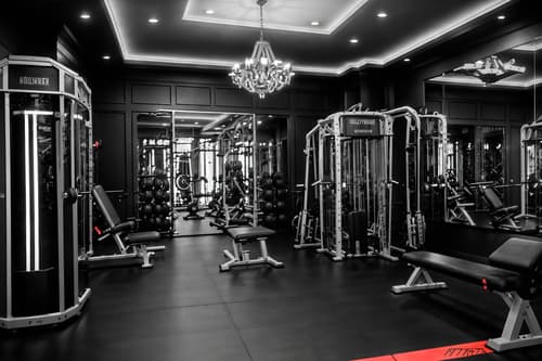 photo from pinterest of hollywood glam-style interior designed (fitness gym interior) with crosstrainer and bench press and dumbbell stand and squat rack and exercise bicycle and crosstrainer. . . cinematic photo, highly detailed, cinematic lighting, ultra-detailed, ultrarealistic, photorealism, 8k. trending on pinterest. hollywood glam interior design style. masterpiece, cinematic light, ultrarealistic+, photorealistic+, 8k, raw photo, realistic, sharp focus on eyes, (symmetrical eyes), (intact eyes), hyperrealistic, highest quality, best quality, , highly detailed, masterpiece, best quality, extremely detailed 8k wallpaper, masterpiece, best quality, ultra-detailed, best shadow, detailed background, detailed face, detailed eyes, high contrast, best illumination, detailed face, dulux, caustic, dynamic angle, detailed glow. dramatic lighting. highly detailed, insanely detailed hair, symmetrical, intricate details, professionally retouched, 8k high definition. strong bokeh. award winning photo.