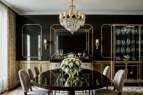 photo from pinterest of hollywood glam-style interior designed (dining room interior) with plant and painting or photo on wall and dining table chairs and vase and table cloth and dining table and bookshelves and plates, cutlery and glasses on dining table. . . cinematic photo, highly detailed, cinematic lighting, ultra-detailed, ultrarealistic, photorealism, 8k. trending on pinterest. hollywood glam interior design style. masterpiece, cinematic light, ultrarealistic+, photorealistic+, 8k, raw photo, realistic, sharp focus on eyes, (symmetrical eyes), (intact eyes), hyperrealistic, highest quality, best quality, , highly detailed, masterpiece, best quality, extremely detailed 8k wallpaper, masterpiece, best quality, ultra-detailed, best shadow, detailed background, detailed face, detailed eyes, high contrast, best illumination, detailed face, dulux, caustic, dynamic angle, detailed glow. dramatic lighting. highly detailed, insanely detailed hair, symmetrical, intricate details, professionally retouched, 8k high definition. strong bokeh. award winning photo.