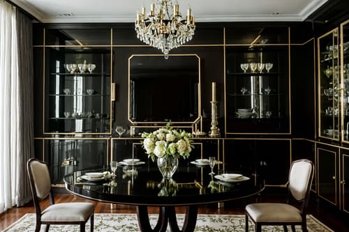 photo from pinterest of hollywood glam-style interior designed (dining room interior) with plant and painting or photo on wall and dining table chairs and vase and table cloth and dining table and bookshelves and plates, cutlery and glasses on dining table. . . cinematic photo, highly detailed, cinematic lighting, ultra-detailed, ultrarealistic, photorealism, 8k. trending on pinterest. hollywood glam interior design style. masterpiece, cinematic light, ultrarealistic+, photorealistic+, 8k, raw photo, realistic, sharp focus on eyes, (symmetrical eyes), (intact eyes), hyperrealistic, highest quality, best quality, , highly detailed, masterpiece, best quality, extremely detailed 8k wallpaper, masterpiece, best quality, ultra-detailed, best shadow, detailed background, detailed face, detailed eyes, high contrast, best illumination, detailed face, dulux, caustic, dynamic angle, detailed glow. dramatic lighting. highly detailed, insanely detailed hair, symmetrical, intricate details, professionally retouched, 8k high definition. strong bokeh. award winning photo.