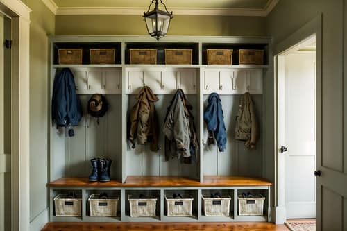 photo from pinterest of traditional-style interior designed (mudroom interior) with wall hooks for coats and shelves for shoes and storage drawers and storage baskets and high up storage and cabinets and cubbies and a bench. . . cinematic photo, highly detailed, cinematic lighting, ultra-detailed, ultrarealistic, photorealism, 8k. trending on pinterest. traditional interior design style. masterpiece, cinematic light, ultrarealistic+, photorealistic+, 8k, raw photo, realistic, sharp focus on eyes, (symmetrical eyes), (intact eyes), hyperrealistic, highest quality, best quality, , highly detailed, masterpiece, best quality, extremely detailed 8k wallpaper, masterpiece, best quality, ultra-detailed, best shadow, detailed background, detailed face, detailed eyes, high contrast, best illumination, detailed face, dulux, caustic, dynamic angle, detailed glow. dramatic lighting. highly detailed, insanely detailed hair, symmetrical, intricate details, professionally retouched, 8k high definition. strong bokeh. award winning photo.