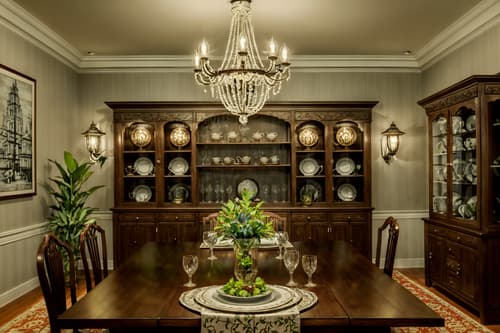 photo from pinterest of traditional-style interior designed (dining room interior) with plates, cutlery and glasses on dining table and plant and bookshelves and vase and dining table chairs and table cloth and painting or photo on wall and light or chandelier. . . cinematic photo, highly detailed, cinematic lighting, ultra-detailed, ultrarealistic, photorealism, 8k. trending on pinterest. traditional interior design style. masterpiece, cinematic light, ultrarealistic+, photorealistic+, 8k, raw photo, realistic, sharp focus on eyes, (symmetrical eyes), (intact eyes), hyperrealistic, highest quality, best quality, , highly detailed, masterpiece, best quality, extremely detailed 8k wallpaper, masterpiece, best quality, ultra-detailed, best shadow, detailed background, detailed face, detailed eyes, high contrast, best illumination, detailed face, dulux, caustic, dynamic angle, detailed glow. dramatic lighting. highly detailed, insanely detailed hair, symmetrical, intricate details, professionally retouched, 8k high definition. strong bokeh. award winning photo.