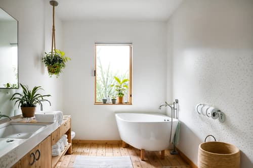 photo from pinterest of airbnb-style interior designed (hotel bathroom interior) with bathtub and waste basket and bath rail and toilet seat and plant and bathroom cabinet and bathroom sink with faucet and shower. . with open and natural lighting and natural materials and elements and practicality and functionality and simple color palette and neutral walls and textures and scandinavian style and simple, clean lines and simplistic furniture and open and natural lighting. . cinematic photo, highly detailed, cinematic lighting, ultra-detailed, ultrarealistic, photorealism, 8k. trending on pinterest. airbnb interior design style. masterpiece, cinematic light, ultrarealistic+, photorealistic+, 8k, raw photo, realistic, sharp focus on eyes, (symmetrical eyes), (intact eyes), hyperrealistic, highest quality, best quality, , highly detailed, masterpiece, best quality, extremely detailed 8k wallpaper, masterpiece, best quality, ultra-detailed, best shadow, detailed background, detailed face, detailed eyes, high contrast, best illumination, detailed face, dulux, caustic, dynamic angle, detailed glow. dramatic lighting. highly detailed, insanely detailed hair, symmetrical, intricate details, professionally retouched, 8k high definition. strong bokeh. award winning photo.