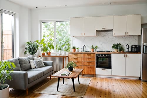 photo from pinterest of airbnb-style interior designed (kitchen living combo interior) with furniture and sink and occasional tables and refrigerator and coffee tables and worktops and sofa and plant. . with scandinavian style and natural materials and elements and simple color palette and practicality and functionality and neutral walls and textures and simple, clean lines and simplistic furniture and open and natural lighting and scandinavian style. . cinematic photo, highly detailed, cinematic lighting, ultra-detailed, ultrarealistic, photorealism, 8k. trending on pinterest. airbnb interior design style. masterpiece, cinematic light, ultrarealistic+, photorealistic+, 8k, raw photo, realistic, sharp focus on eyes, (symmetrical eyes), (intact eyes), hyperrealistic, highest quality, best quality, , highly detailed, masterpiece, best quality, extremely detailed 8k wallpaper, masterpiece, best quality, ultra-detailed, best shadow, detailed background, detailed face, detailed eyes, high contrast, best illumination, detailed face, dulux, caustic, dynamic angle, detailed glow. dramatic lighting. highly detailed, insanely detailed hair, symmetrical, intricate details, professionally retouched, 8k high definition. strong bokeh. award winning photo.