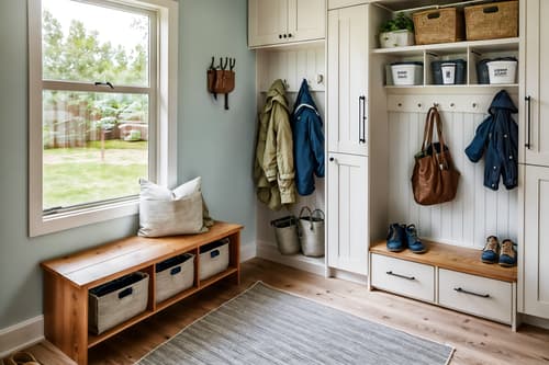photo from pinterest of airbnb-style interior designed (mudroom interior) with storage baskets and storage drawers and cubbies and wall hooks for coats and shelves for shoes and high up storage and a bench and cabinets. . with open and natural lighting and simple, clean lines and simplistic furniture and scandinavian style and practicality and functionality and neutral walls and textures and simple color palette and natural materials and elements and open and natural lighting. . cinematic photo, highly detailed, cinematic lighting, ultra-detailed, ultrarealistic, photorealism, 8k. trending on pinterest. airbnb interior design style. masterpiece, cinematic light, ultrarealistic+, photorealistic+, 8k, raw photo, realistic, sharp focus on eyes, (symmetrical eyes), (intact eyes), hyperrealistic, highest quality, best quality, , highly detailed, masterpiece, best quality, extremely detailed 8k wallpaper, masterpiece, best quality, ultra-detailed, best shadow, detailed background, detailed face, detailed eyes, high contrast, best illumination, detailed face, dulux, caustic, dynamic angle, detailed glow. dramatic lighting. highly detailed, insanely detailed hair, symmetrical, intricate details, professionally retouched, 8k high definition. strong bokeh. award winning photo.
