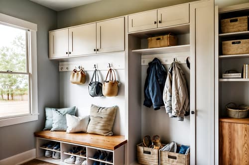 photo from pinterest of airbnb-style interior designed (mudroom interior) with storage baskets and storage drawers and cubbies and wall hooks for coats and shelves for shoes and high up storage and a bench and cabinets. . with open and natural lighting and simple, clean lines and simplistic furniture and scandinavian style and practicality and functionality and neutral walls and textures and simple color palette and natural materials and elements and open and natural lighting. . cinematic photo, highly detailed, cinematic lighting, ultra-detailed, ultrarealistic, photorealism, 8k. trending on pinterest. airbnb interior design style. masterpiece, cinematic light, ultrarealistic+, photorealistic+, 8k, raw photo, realistic, sharp focus on eyes, (symmetrical eyes), (intact eyes), hyperrealistic, highest quality, best quality, , highly detailed, masterpiece, best quality, extremely detailed 8k wallpaper, masterpiece, best quality, ultra-detailed, best shadow, detailed background, detailed face, detailed eyes, high contrast, best illumination, detailed face, dulux, caustic, dynamic angle, detailed glow. dramatic lighting. highly detailed, insanely detailed hair, symmetrical, intricate details, professionally retouched, 8k high definition. strong bokeh. award winning photo.