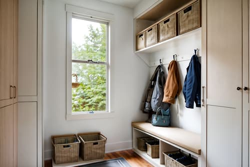 photo from pinterest of airbnb-style interior designed (mudroom interior) with storage baskets and storage drawers and cubbies and wall hooks for coats and shelves for shoes and high up storage and a bench and cabinets. . with open and natural lighting and simple, clean lines and simplistic furniture and scandinavian style and practicality and functionality and neutral walls and textures and simple color palette and natural materials and elements and open and natural lighting. . cinematic photo, highly detailed, cinematic lighting, ultra-detailed, ultrarealistic, photorealism, 8k. trending on pinterest. airbnb interior design style. masterpiece, cinematic light, ultrarealistic+, photorealistic+, 8k, raw photo, realistic, sharp focus on eyes, (symmetrical eyes), (intact eyes), hyperrealistic, highest quality, best quality, , highly detailed, masterpiece, best quality, extremely detailed 8k wallpaper, masterpiece, best quality, ultra-detailed, best shadow, detailed background, detailed face, detailed eyes, high contrast, best illumination, detailed face, dulux, caustic, dynamic angle, detailed glow. dramatic lighting. highly detailed, insanely detailed hair, symmetrical, intricate details, professionally retouched, 8k high definition. strong bokeh. award winning photo.