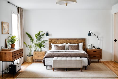 photo from pinterest of airbnb-style interior designed (hotel room interior) with headboard and plant and dresser closet and accent chair and bedside table or night stand and mirror and storage bench or ottoman and working desk with desk chair. . with natural materials and elements and simple color palette and neutral walls and textures and scandinavian style and simple, clean lines and simplistic furniture and open and natural lighting and practicality and functionality and natural materials and elements. . cinematic photo, highly detailed, cinematic lighting, ultra-detailed, ultrarealistic, photorealism, 8k. trending on pinterest. airbnb interior design style. masterpiece, cinematic light, ultrarealistic+, photorealistic+, 8k, raw photo, realistic, sharp focus on eyes, (symmetrical eyes), (intact eyes), hyperrealistic, highest quality, best quality, , highly detailed, masterpiece, best quality, extremely detailed 8k wallpaper, masterpiece, best quality, ultra-detailed, best shadow, detailed background, detailed face, detailed eyes, high contrast, best illumination, detailed face, dulux, caustic, dynamic angle, detailed glow. dramatic lighting. highly detailed, insanely detailed hair, symmetrical, intricate details, professionally retouched, 8k high definition. strong bokeh. award winning photo.