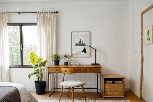 photo from pinterest of airbnb-style interior designed (hotel room interior) with headboard and plant and dresser closet and accent chair and bedside table or night stand and mirror and storage bench or ottoman and working desk with desk chair. . with natural materials and elements and simple color palette and neutral walls and textures and scandinavian style and simple, clean lines and simplistic furniture and open and natural lighting and practicality and functionality and natural materials and elements. . cinematic photo, highly detailed, cinematic lighting, ultra-detailed, ultrarealistic, photorealism, 8k. trending on pinterest. airbnb interior design style. masterpiece, cinematic light, ultrarealistic+, photorealistic+, 8k, raw photo, realistic, sharp focus on eyes, (symmetrical eyes), (intact eyes), hyperrealistic, highest quality, best quality, , highly detailed, masterpiece, best quality, extremely detailed 8k wallpaper, masterpiece, best quality, ultra-detailed, best shadow, detailed background, detailed face, detailed eyes, high contrast, best illumination, detailed face, dulux, caustic, dynamic angle, detailed glow. dramatic lighting. highly detailed, insanely detailed hair, symmetrical, intricate details, professionally retouched, 8k high definition. strong bokeh. award winning photo.