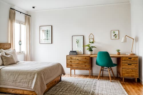 photo from pinterest of airbnb-style interior designed (hotel room interior) with headboard and plant and dresser closet and accent chair and bedside table or night stand and mirror and storage bench or ottoman and working desk with desk chair. . with natural materials and elements and simple color palette and neutral walls and textures and scandinavian style and simple, clean lines and simplistic furniture and open and natural lighting and practicality and functionality and natural materials and elements. . cinematic photo, highly detailed, cinematic lighting, ultra-detailed, ultrarealistic, photorealism, 8k. trending on pinterest. airbnb interior design style. masterpiece, cinematic light, ultrarealistic+, photorealistic+, 8k, raw photo, realistic, sharp focus on eyes, (symmetrical eyes), (intact eyes), hyperrealistic, highest quality, best quality, , highly detailed, masterpiece, best quality, extremely detailed 8k wallpaper, masterpiece, best quality, ultra-detailed, best shadow, detailed background, detailed face, detailed eyes, high contrast, best illumination, detailed face, dulux, caustic, dynamic angle, detailed glow. dramatic lighting. highly detailed, insanely detailed hair, symmetrical, intricate details, professionally retouched, 8k high definition. strong bokeh. award winning photo.