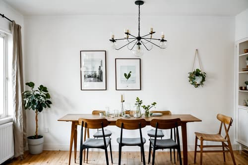 photo from pinterest of airbnb-style interior designed (dining room interior) with painting or photo on wall and light or chandelier and vase and dining table and plant and dining table chairs and table cloth and bookshelves. . with simple color palette and scandinavian style and simple, clean lines and simplistic furniture and natural materials and elements and open and natural lighting and neutral walls and textures and practicality and functionality and simple color palette. . cinematic photo, highly detailed, cinematic lighting, ultra-detailed, ultrarealistic, photorealism, 8k. trending on pinterest. airbnb interior design style. masterpiece, cinematic light, ultrarealistic+, photorealistic+, 8k, raw photo, realistic, sharp focus on eyes, (symmetrical eyes), (intact eyes), hyperrealistic, highest quality, best quality, , highly detailed, masterpiece, best quality, extremely detailed 8k wallpaper, masterpiece, best quality, ultra-detailed, best shadow, detailed background, detailed face, detailed eyes, high contrast, best illumination, detailed face, dulux, caustic, dynamic angle, detailed glow. dramatic lighting. highly detailed, insanely detailed hair, symmetrical, intricate details, professionally retouched, 8k high definition. strong bokeh. award winning photo.