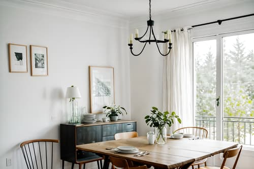 photo from pinterest of airbnb-style interior designed (dining room interior) with painting or photo on wall and light or chandelier and vase and dining table and plant and dining table chairs and table cloth and bookshelves. . with simple color palette and scandinavian style and simple, clean lines and simplistic furniture and natural materials and elements and open and natural lighting and neutral walls and textures and practicality and functionality and simple color palette. . cinematic photo, highly detailed, cinematic lighting, ultra-detailed, ultrarealistic, photorealism, 8k. trending on pinterest. airbnb interior design style. masterpiece, cinematic light, ultrarealistic+, photorealistic+, 8k, raw photo, realistic, sharp focus on eyes, (symmetrical eyes), (intact eyes), hyperrealistic, highest quality, best quality, , highly detailed, masterpiece, best quality, extremely detailed 8k wallpaper, masterpiece, best quality, ultra-detailed, best shadow, detailed background, detailed face, detailed eyes, high contrast, best illumination, detailed face, dulux, caustic, dynamic angle, detailed glow. dramatic lighting. highly detailed, insanely detailed hair, symmetrical, intricate details, professionally retouched, 8k high definition. strong bokeh. award winning photo.