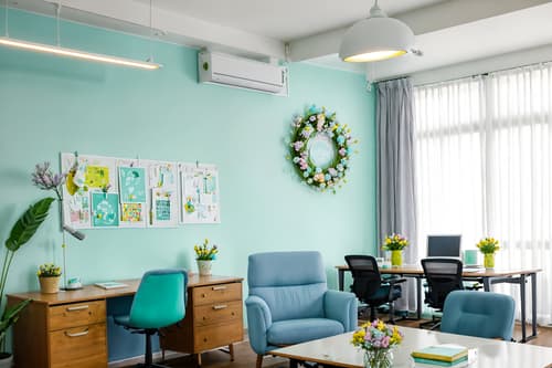 photo from pinterest of easter-style interior designed (coworking space interior) with office chairs and office desks and seating area with sofa and lounge chairs and office chairs. . with flowers on table and light blue colors and easter decorations and colorful easter eggs and spring decorations and flowers on table. . cinematic photo, highly detailed, cinematic lighting, ultra-detailed, ultrarealistic, photorealism, 8k. trending on pinterest. easter interior design style. masterpiece, cinematic light, ultrarealistic+, photorealistic+, 8k, raw photo, realistic, sharp focus on eyes, (symmetrical eyes), (intact eyes), hyperrealistic, highest quality, best quality, , highly detailed, masterpiece, best quality, extremely detailed 8k wallpaper, masterpiece, best quality, ultra-detailed, best shadow, detailed background, detailed face, detailed eyes, high contrast, best illumination, detailed face, dulux, caustic, dynamic angle, detailed glow. dramatic lighting. highly detailed, insanely detailed hair, symmetrical, intricate details, professionally retouched, 8k high definition. strong bokeh. award winning photo.
