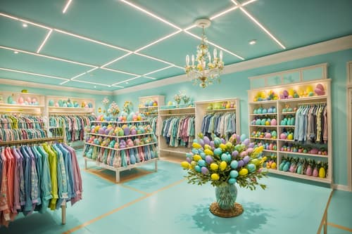 photo from pinterest of easter-style interior designed (clothing store interior) . with light blue colors and easter decorations and colorful easter eggs and spring decorations and flowers on table and light blue colors. . cinematic photo, highly detailed, cinematic lighting, ultra-detailed, ultrarealistic, photorealism, 8k. trending on pinterest. easter interior design style. masterpiece, cinematic light, ultrarealistic+, photorealistic+, 8k, raw photo, realistic, sharp focus on eyes, (symmetrical eyes), (intact eyes), hyperrealistic, highest quality, best quality, , highly detailed, masterpiece, best quality, extremely detailed 8k wallpaper, masterpiece, best quality, ultra-detailed, best shadow, detailed background, detailed face, detailed eyes, high contrast, best illumination, detailed face, dulux, caustic, dynamic angle, detailed glow. dramatic lighting. highly detailed, insanely detailed hair, symmetrical, intricate details, professionally retouched, 8k high definition. strong bokeh. award winning photo.