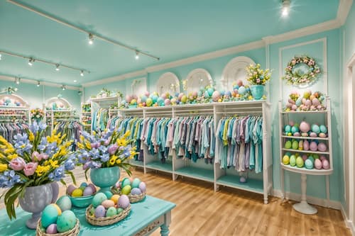 photo from pinterest of easter-style interior designed (clothing store interior) . with light blue colors and easter decorations and colorful easter eggs and spring decorations and flowers on table and light blue colors. . cinematic photo, highly detailed, cinematic lighting, ultra-detailed, ultrarealistic, photorealism, 8k. trending on pinterest. easter interior design style. masterpiece, cinematic light, ultrarealistic+, photorealistic+, 8k, raw photo, realistic, sharp focus on eyes, (symmetrical eyes), (intact eyes), hyperrealistic, highest quality, best quality, , highly detailed, masterpiece, best quality, extremely detailed 8k wallpaper, masterpiece, best quality, ultra-detailed, best shadow, detailed background, detailed face, detailed eyes, high contrast, best illumination, detailed face, dulux, caustic, dynamic angle, detailed glow. dramatic lighting. highly detailed, insanely detailed hair, symmetrical, intricate details, professionally retouched, 8k high definition. strong bokeh. award winning photo.