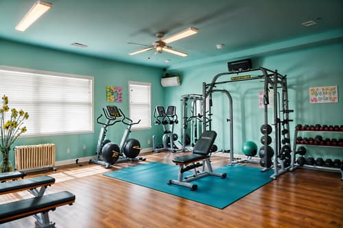 photo from pinterest of easter-style interior designed (fitness gym interior) with dumbbell stand and bench press and crosstrainer and exercise bicycle and squat rack and dumbbell stand. . with flowers on table and spring decorations and colorful easter eggs and easter decorations and light blue colors and flowers on table. . cinematic photo, highly detailed, cinematic lighting, ultra-detailed, ultrarealistic, photorealism, 8k. trending on pinterest. easter interior design style. masterpiece, cinematic light, ultrarealistic+, photorealistic+, 8k, raw photo, realistic, sharp focus on eyes, (symmetrical eyes), (intact eyes), hyperrealistic, highest quality, best quality, , highly detailed, masterpiece, best quality, extremely detailed 8k wallpaper, masterpiece, best quality, ultra-detailed, best shadow, detailed background, detailed face, detailed eyes, high contrast, best illumination, detailed face, dulux, caustic, dynamic angle, detailed glow. dramatic lighting. highly detailed, insanely detailed hair, symmetrical, intricate details, professionally retouched, 8k high definition. strong bokeh. award winning photo.